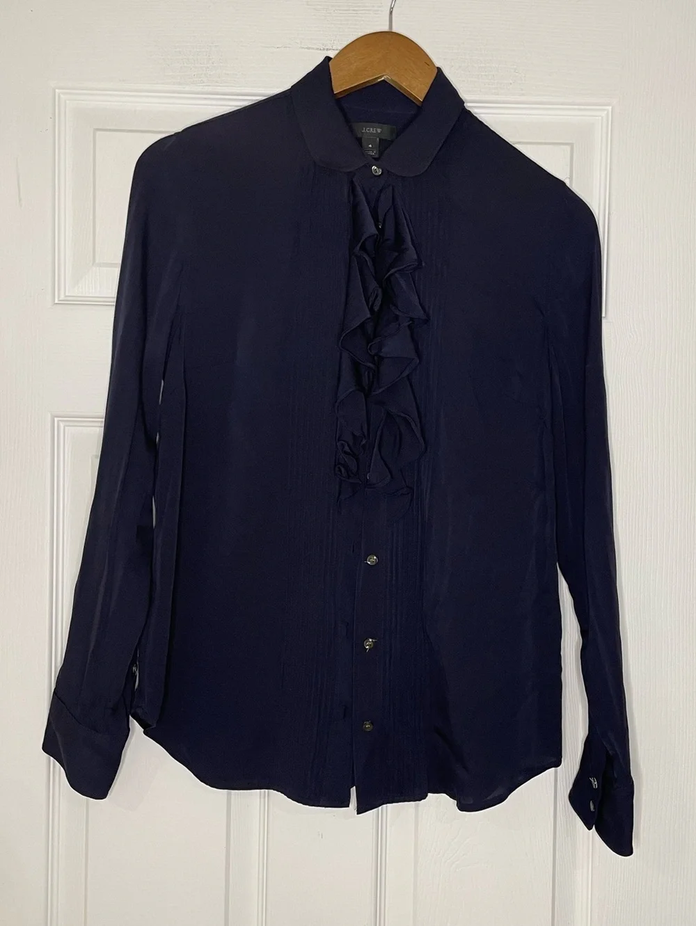 J.Crew long-sleeve ruffle-front tuxedo-style silk-blend blouse in navy blue - 4